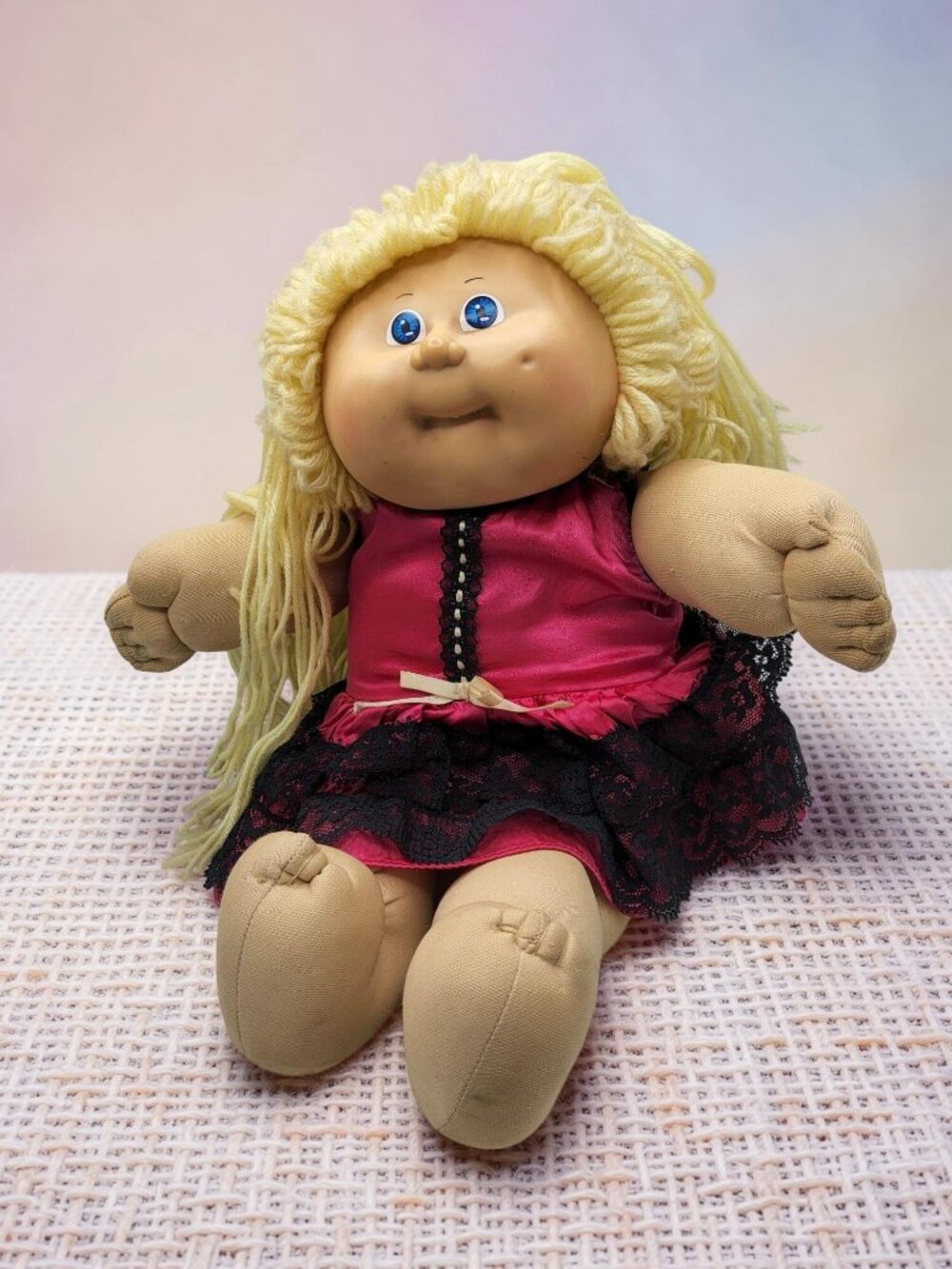 vintage 1985 world traveler dress from Spain red dress blonde hair cabbage patch